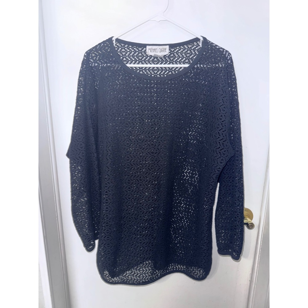 Michael Carrie Black Crochet Knit Sweater Long Sleeve Open Work Top ML Vintage